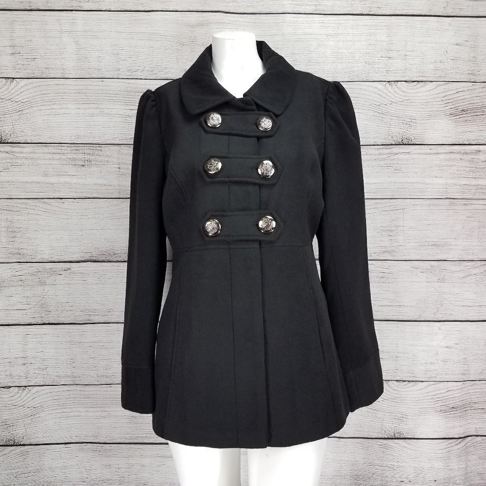 Y2K Hydraulic Double Breasted Pea Coat Military Black Silver Button L Large VTG